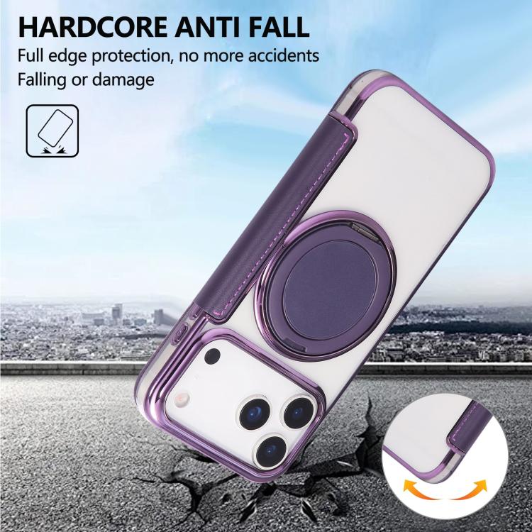 For iPhone 17 Pro Ultra-thin Rotation Holder Magnetic Plating Vegan Leather Phone Case