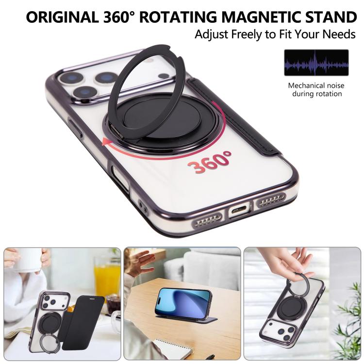 For iPhone 17 Pro Ultra-thin Rotation Holder Magnetic Plating Vegan Leather Phone Case