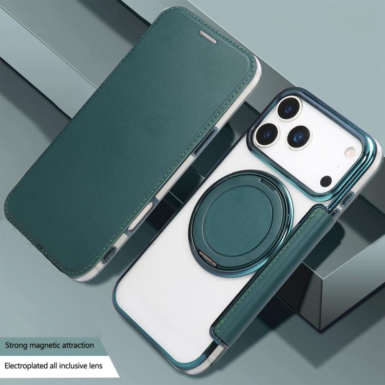 For iPhone 17 Pro Ultra-thin Rotation Holder Magnetic Plating Vegan Leather Phone Case