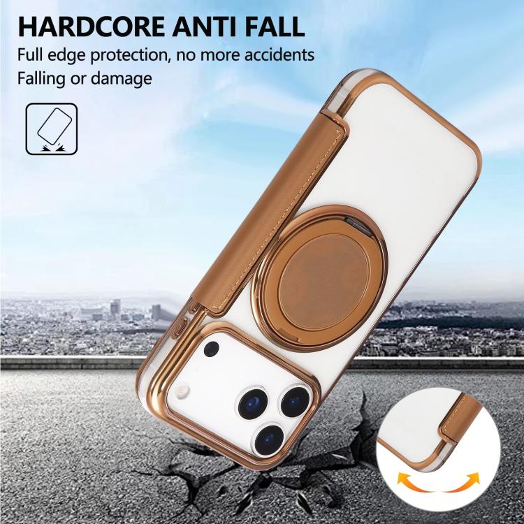 For iPhone 17 Pro Ultra-thin Rotation Holder Magnetic Plating Vegan Leather Phone Case