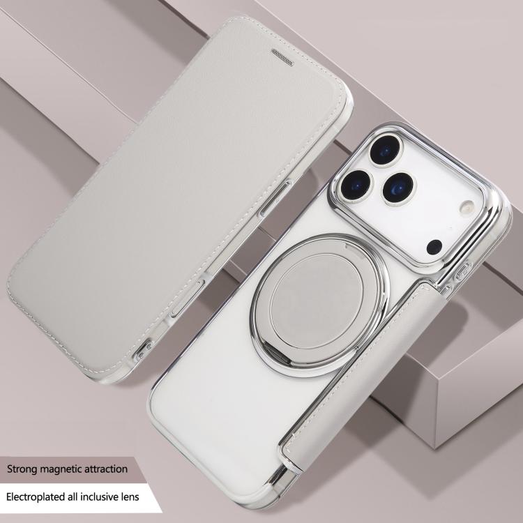 For iPhone 17 Pro Ultra-thin Rotation Holder Magnetic Plating Vegan Leather Phone Case