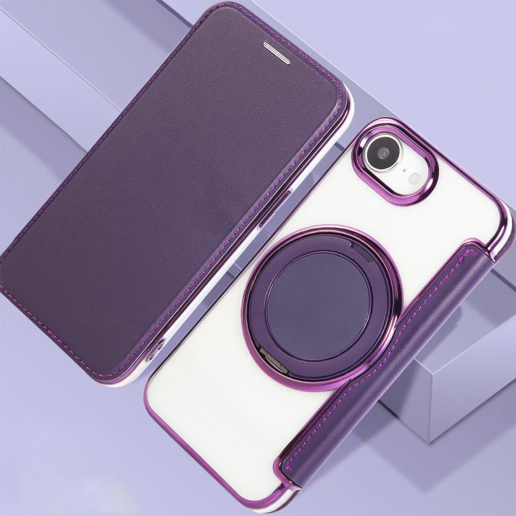 For iPhone 17e / 16e Ultra-thin Rotation Holder Magnetic Plating Vegan Leather Phone Case