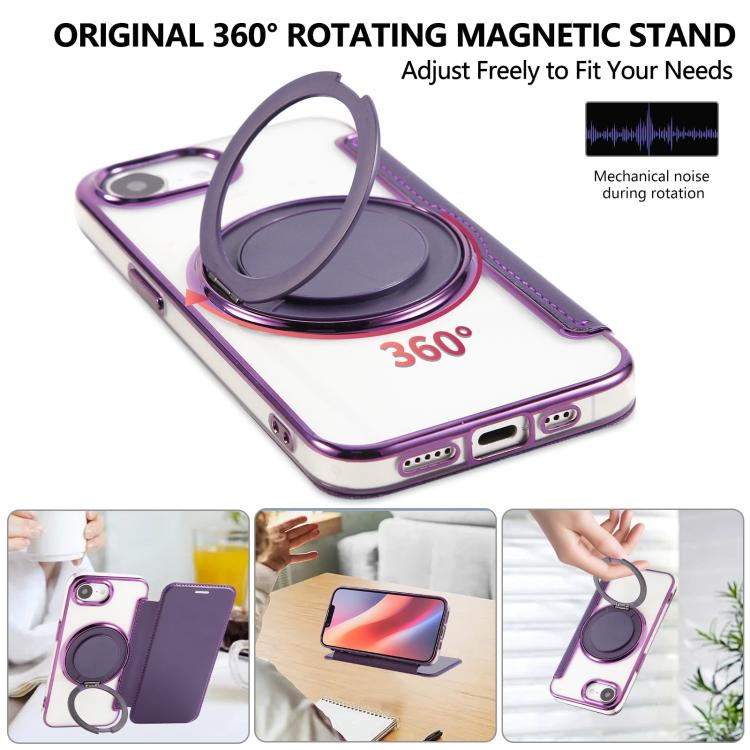 For iPhone 17e / 16e Ultra-thin Rotation Holder Magnetic Plating Vegan Leather Phone Case