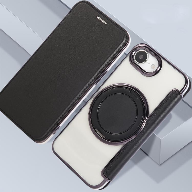 For iPhone 17e / 16e Ultra-thin Rotation Holder Magnetic Plating Vegan Leather Phone Case