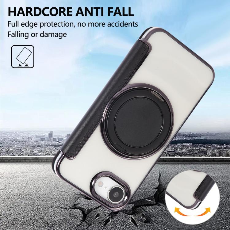 For iPhone 17e / 16e Ultra-thin Rotation Holder Magnetic Plating Vegan Leather Phone Case