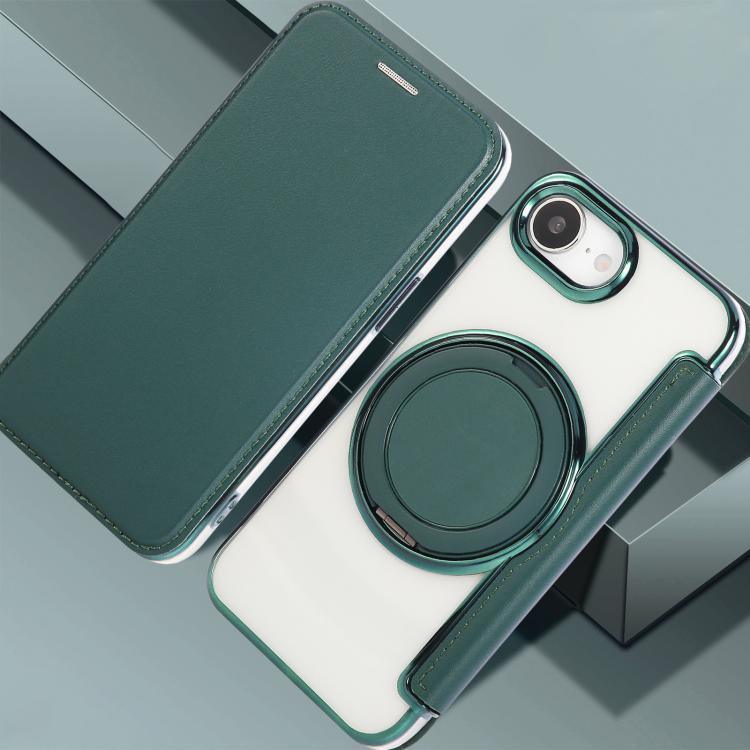For iPhone 17e / 16e Ultra-thin Rotation Holder Magnetic Plating Vegan Leather Phone Case