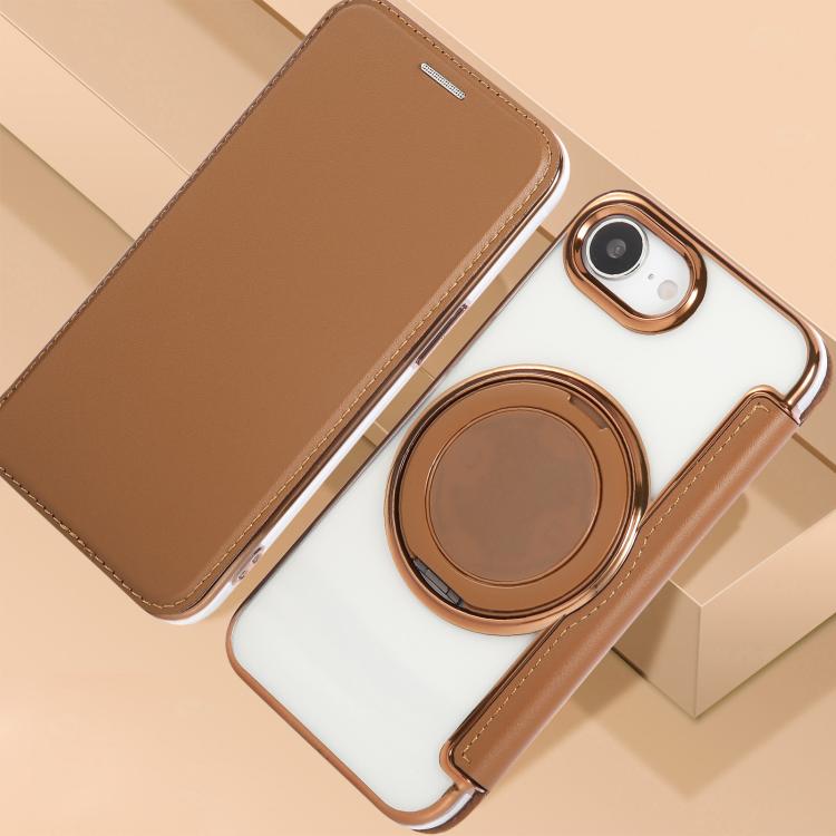 For iPhone 17e / 16e Ultra-thin Rotation Holder Magnetic Plating Vegan Leather Phone Case