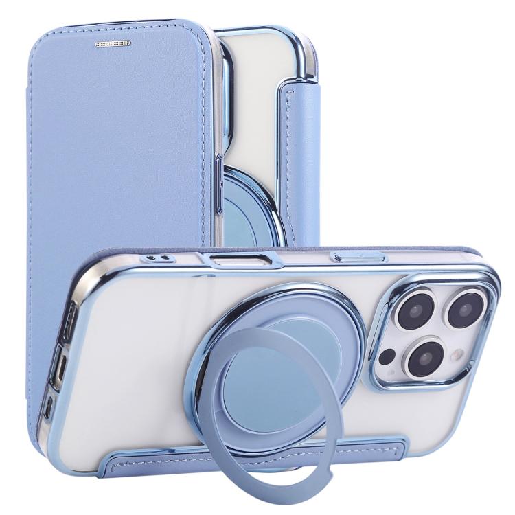 For iPhone 16 Pro Max Ultra-thin Rotation Holder Magnetic Plating Vegan Leather Phone Case