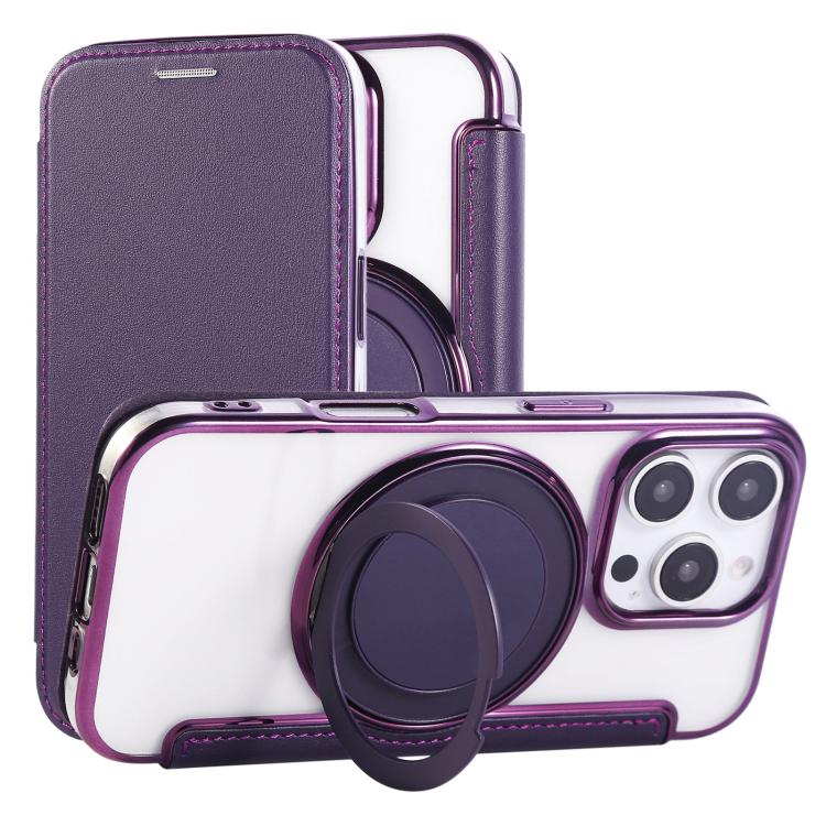 For iPhone 16 Pro Max Ultra-thin Rotation Holder Magnetic Plating Vegan Leather Phone Case