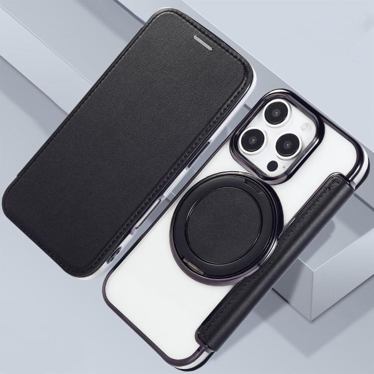 For iPhone 16 Pro Max Ultra-thin Rotation Holder Magnetic Plating Vegan Leather Phone Case
