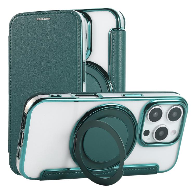 For iPhone 16 Pro Max Ultra-thin Rotation Holder Magnetic Plating Vegan Leather Phone Case