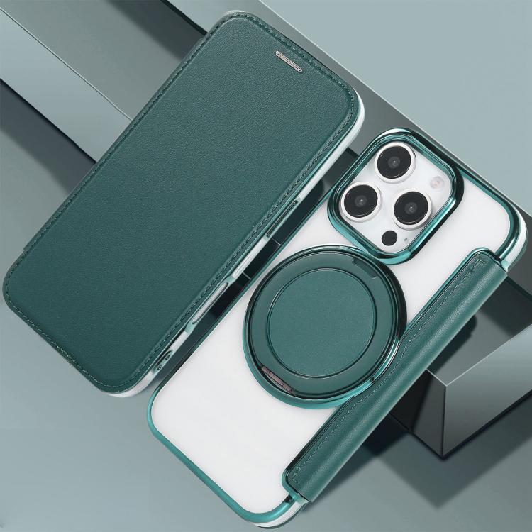 For iPhone 16 Pro Max Ultra-thin Rotation Holder Magnetic Plating Vegan Leather Phone Case