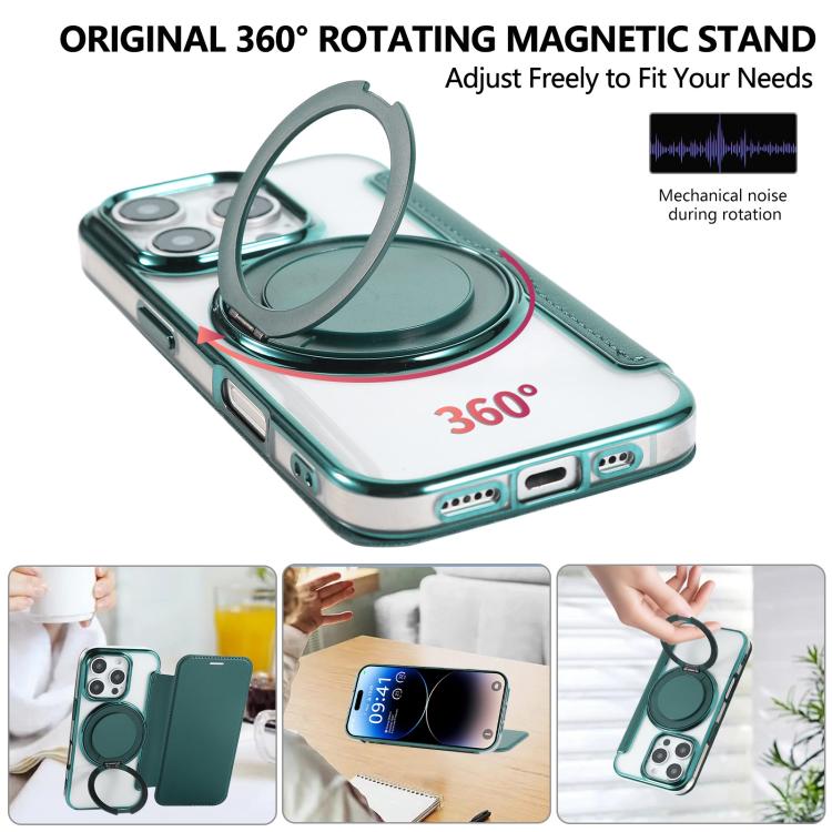 For iPhone 16 Pro Max Ultra-thin Rotation Holder Magnetic Plating Vegan Leather Phone Case