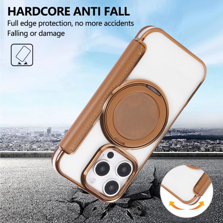 For iPhone 16 Pro Max Ultra-thin Rotation Holder Magnetic Plating Vegan Leather Phone Case