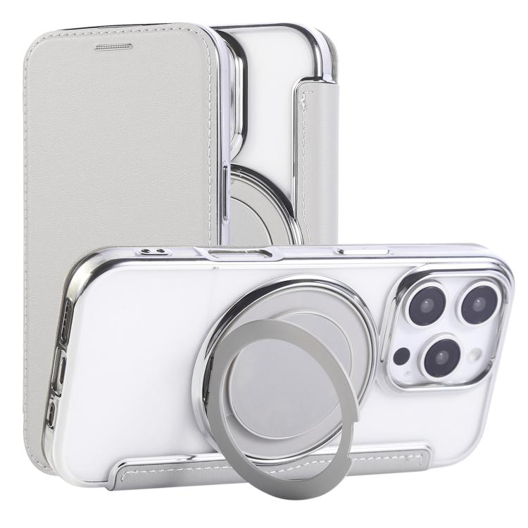 For iPhone 16 Pro Max Ultra-thin Rotation Holder Magnetic Plating Vegan Leather Phone Case