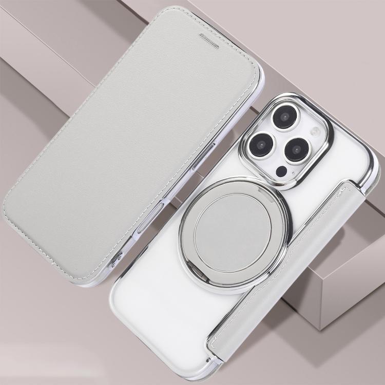 For iPhone 16 Pro Max Ultra-thin Rotation Holder Magnetic Plating Vegan Leather Phone Case