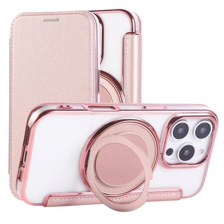 For iPhone 16 Pro Ultra-thin Rotation Holder Magnetic Plating Vegan Leather Phone Case