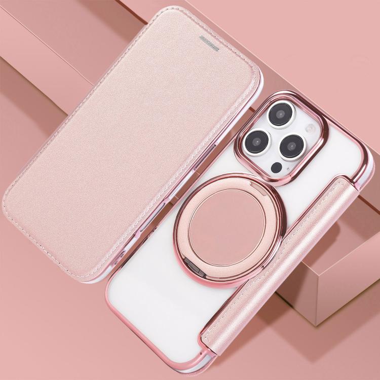 For iPhone 16 Pro Ultra-thin Rotation Holder Magnetic Plating Vegan Leather Phone Case