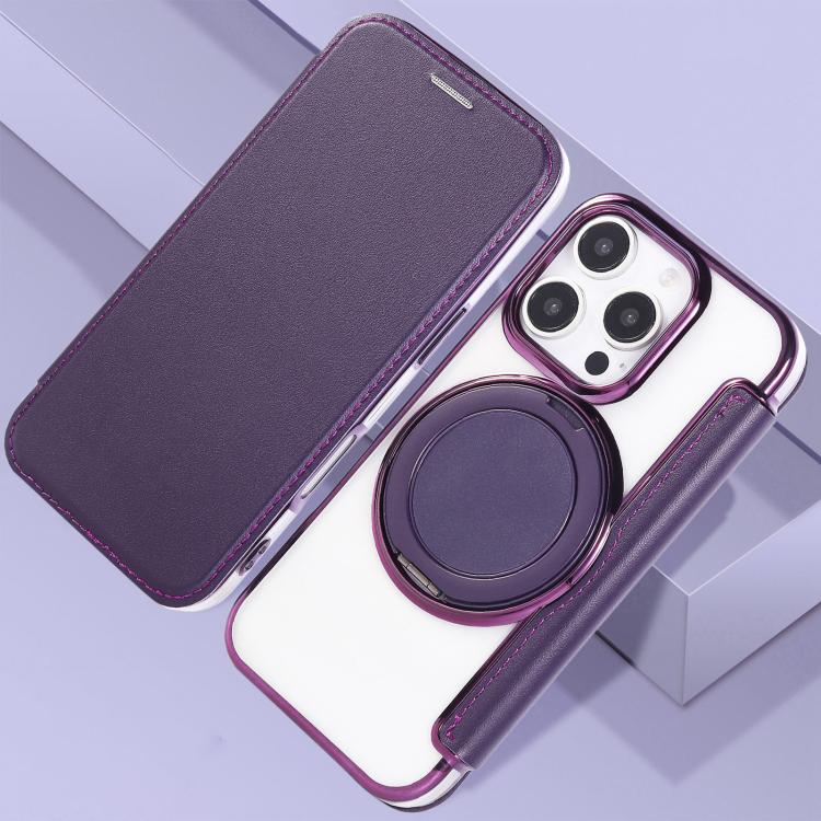 For iPhone 16 Pro Ultra-thin Rotation Holder Magnetic Plating Vegan Leather Phone Case