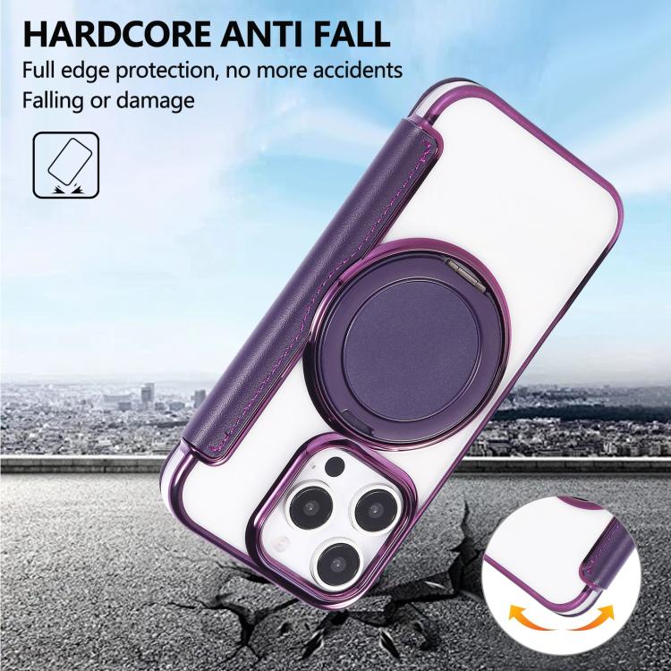 For iPhone 16 Pro Ultra-thin Rotation Holder Magnetic Plating Vegan Leather Phone Case