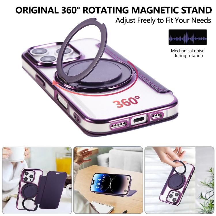 For iPhone 16 Pro Ultra-thin Rotation Holder Magnetic Plating Vegan Leather Phone Case