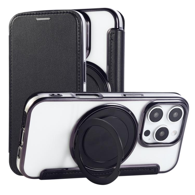 For iPhone 16 Pro Ultra-thin Rotation Holder Magnetic Plating Vegan Leather Phone Case
