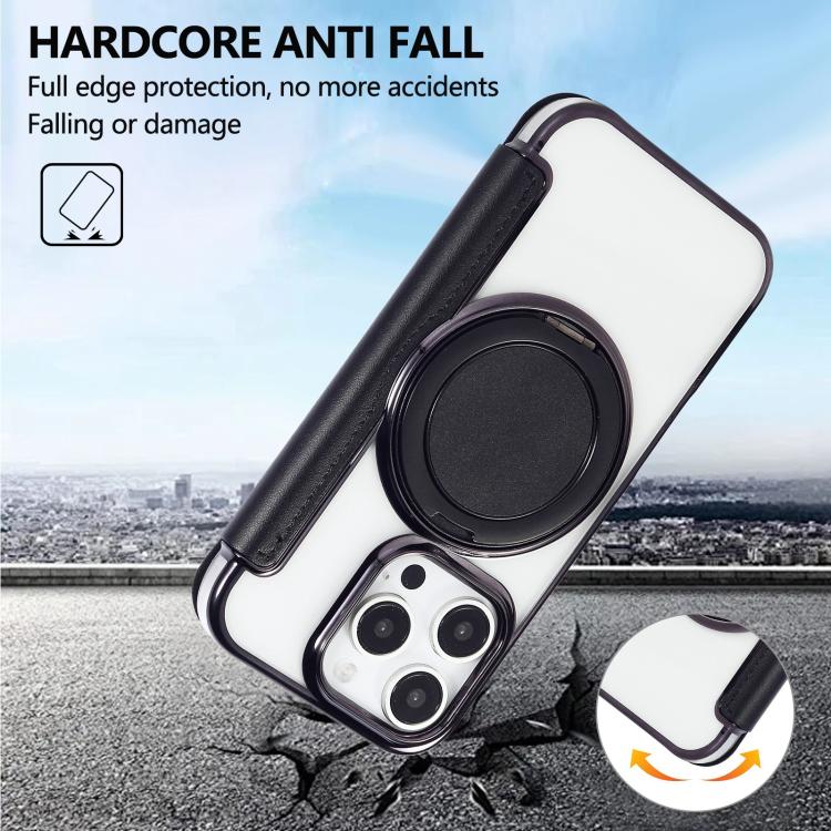 For iPhone 16 Pro Ultra-thin Rotation Holder Magnetic Plating Vegan Leather Phone Case
