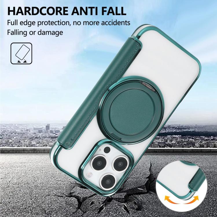 For iPhone 16 Pro Ultra-thin Rotation Holder Magnetic Plating Vegan Leather Phone Case
