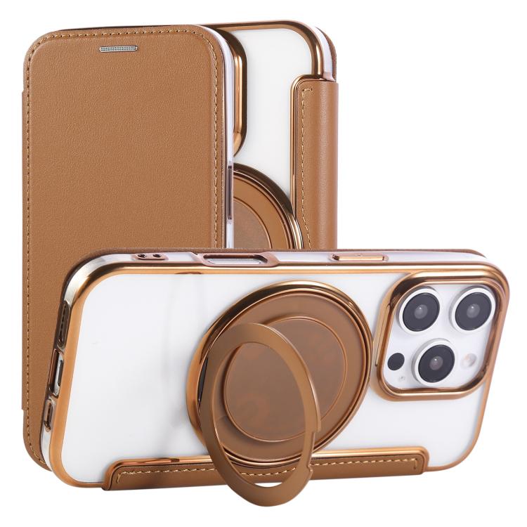 For iPhone 16 Pro Ultra-thin Rotation Holder Magnetic Plating Vegan Leather Phone Case