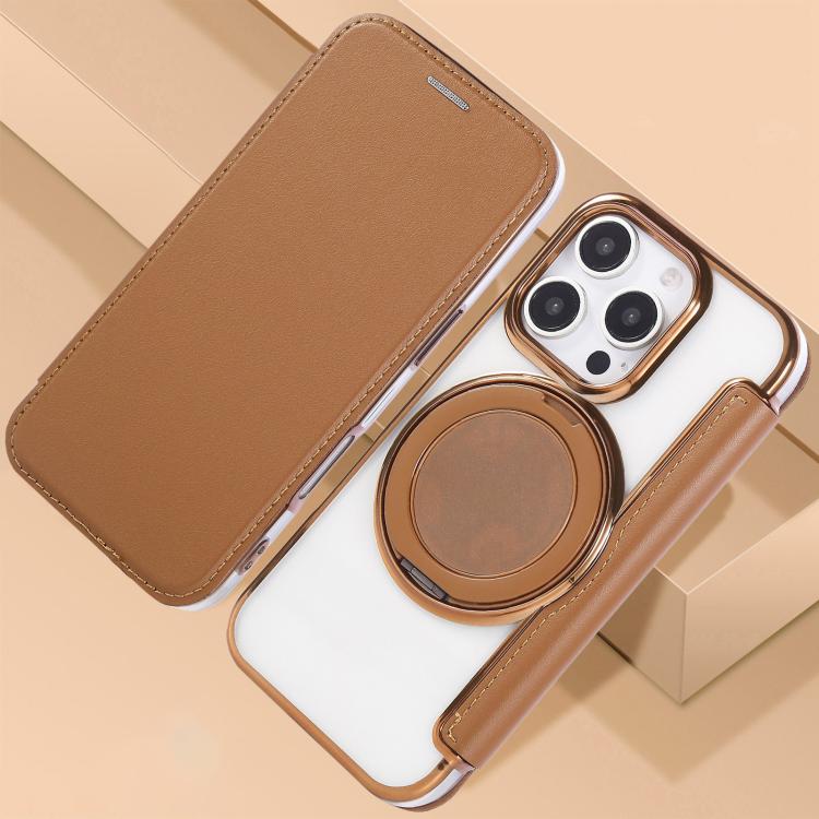 For iPhone 16 Pro Ultra-thin Rotation Holder Magnetic Plating Vegan Leather Phone Case
