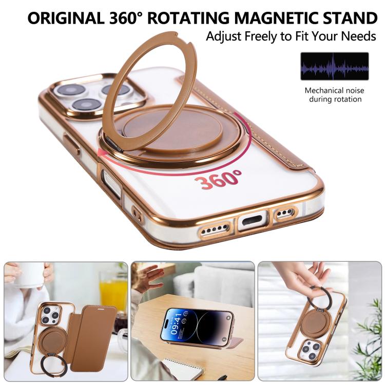 For iPhone 16 Pro Ultra-thin Rotation Holder Magnetic Plating Vegan Leather Phone Case