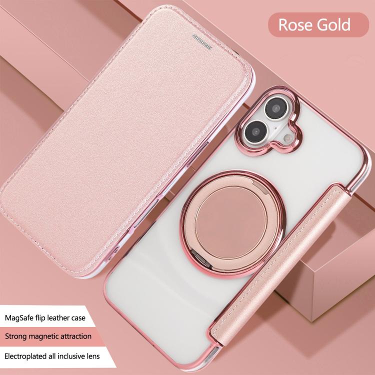 For iPhone 16 Plus Ultra-thin Rotation Holder Magnetic Plating Vegan Leather Phone Case