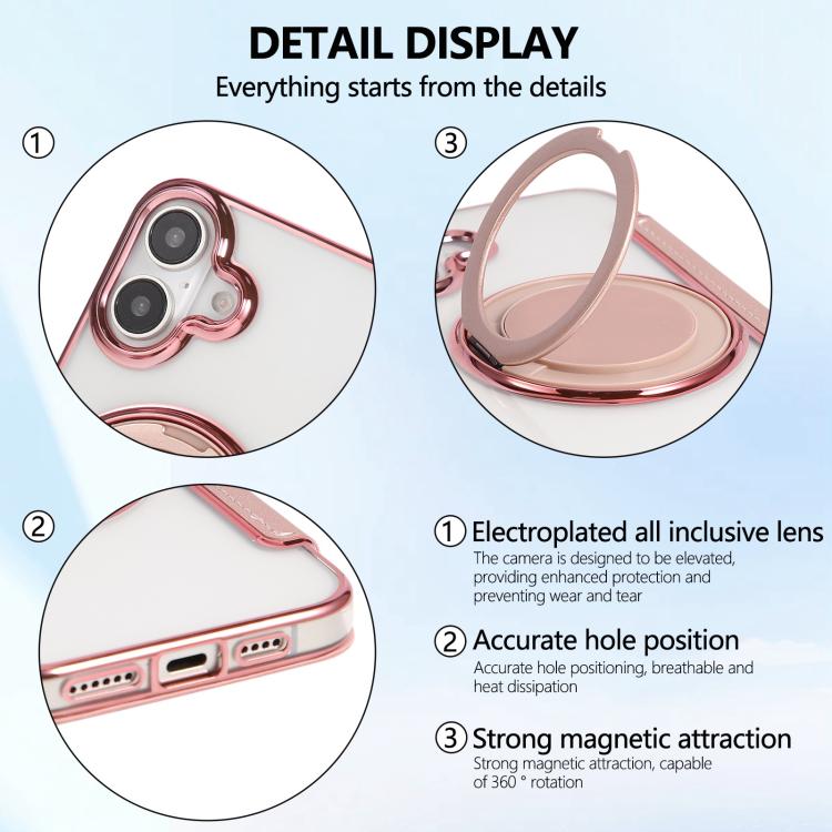 For iPhone 16 Plus Ultra-thin Rotation Holder Magnetic Plating Vegan Leather Phone Case
