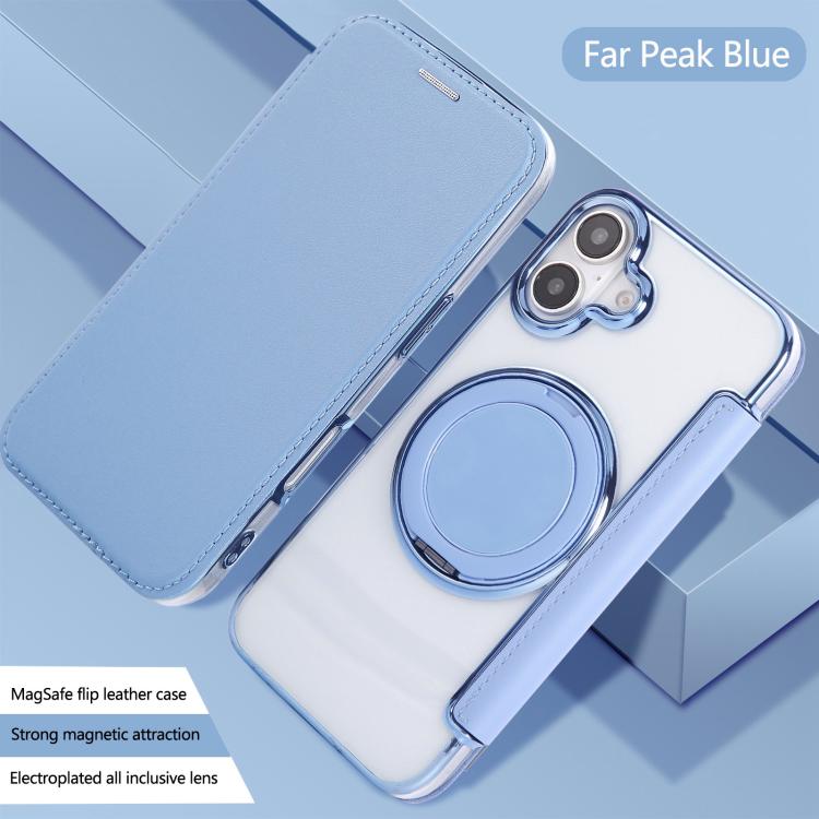For iPhone 16 Plus Ultra-thin Rotation Holder Magnetic Plating Vegan Leather Phone Case