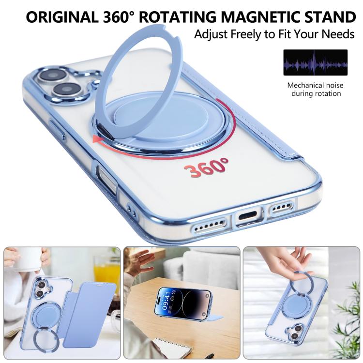 For iPhone 16 Plus Ultra-thin Rotation Holder Magnetic Plating Vegan Leather Phone Case