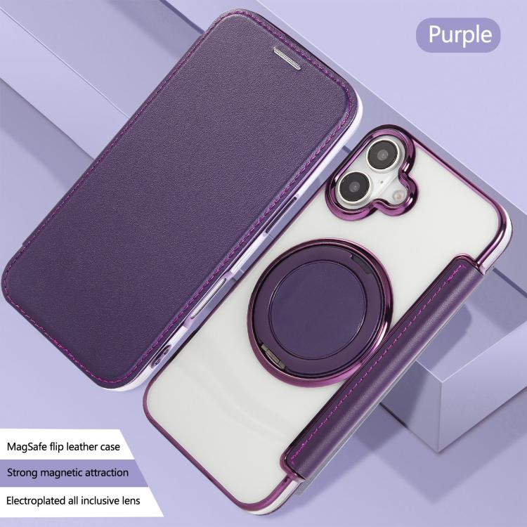 For iPhone 16 Plus Ultra-thin Rotation Holder Magnetic Plating Vegan Leather Phone Case