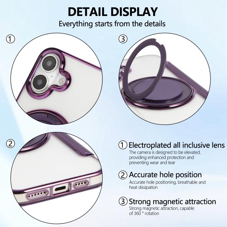 For iPhone 16 Plus Ultra-thin Rotation Holder Magnetic Plating Vegan Leather Phone Case
