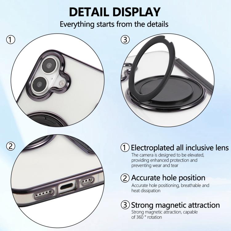 For iPhone 16 Plus Ultra-thin Rotation Holder Magnetic Plating Vegan Leather Phone Case