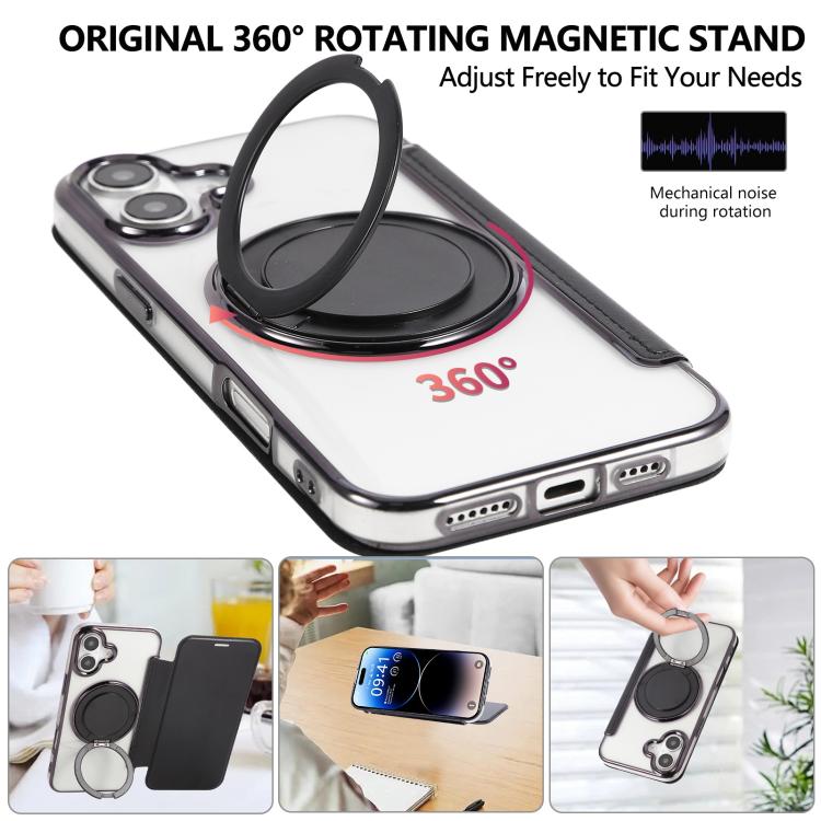 For iPhone 16 Plus Ultra-thin Rotation Holder Magnetic Plating Vegan Leather Phone Case