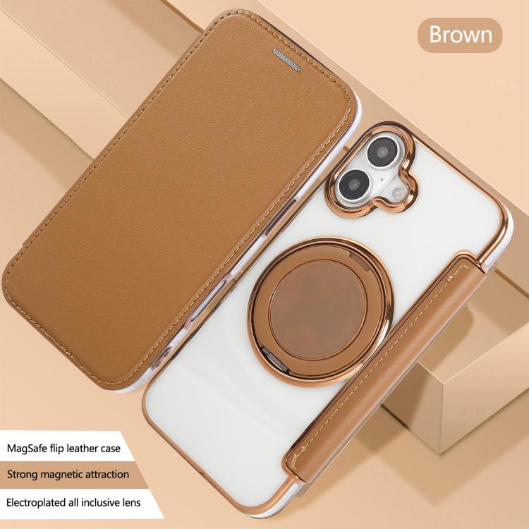 For iPhone 16 Plus Ultra-thin Rotation Holder Magnetic Plating Vegan Leather Phone Case