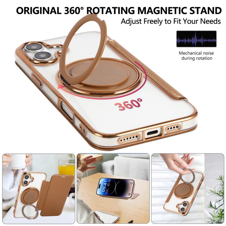 For iPhone 16 Plus Ultra-thin Rotation Holder Magnetic Plating Vegan Leather Phone Case