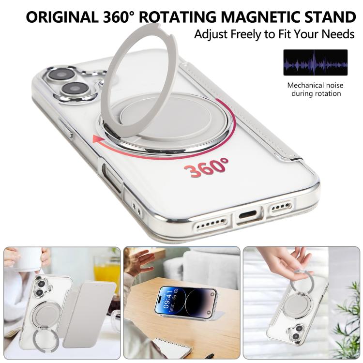 For iPhone 16 Plus Ultra-thin Rotation Holder Magnetic Plating Vegan Leather Phone Case