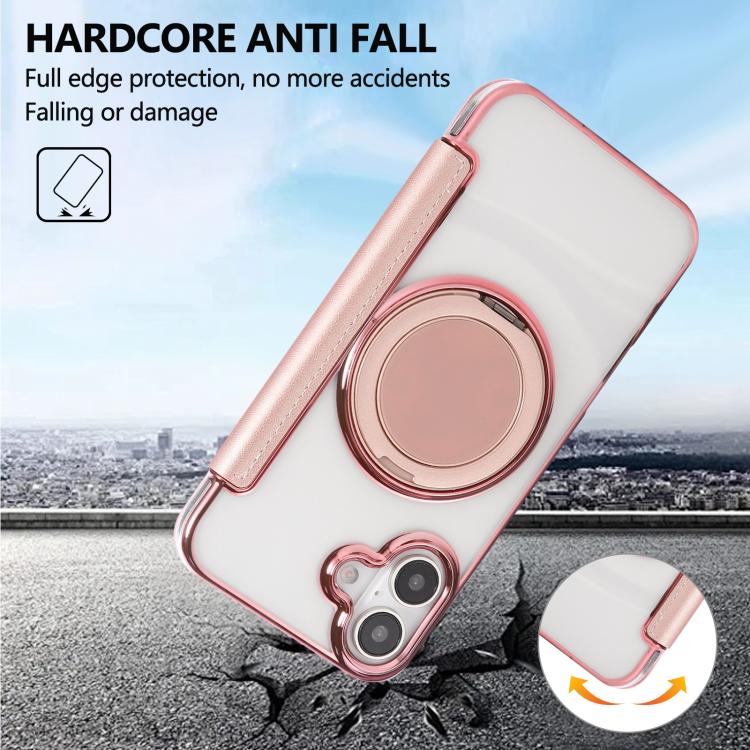 For iPhone 16 Ultra-thin Rotation Holder Magnetic Plating Vegan Leather Phone Case