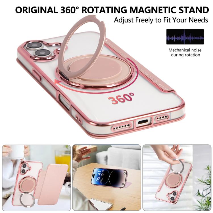 For iPhone 16 Ultra-thin Rotation Holder Magnetic Plating Vegan Leather Phone Case