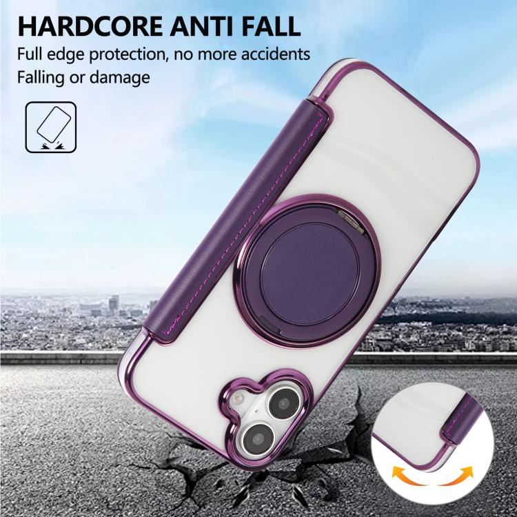 For iPhone 16 Ultra-thin Rotation Holder Magnetic Plating Vegan Leather Phone Case