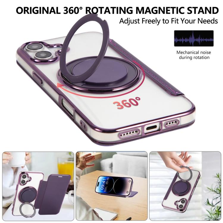 For iPhone 16 Ultra-thin Rotation Holder Magnetic Plating Vegan Leather Phone Case
