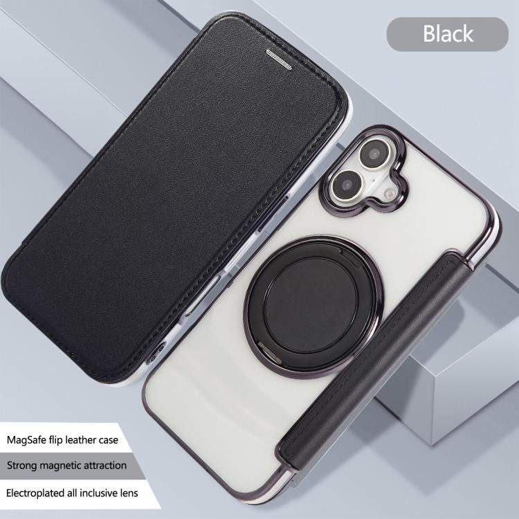 For iPhone 16 Ultra-thin Rotation Holder Magnetic Plating Vegan Leather Phone Case