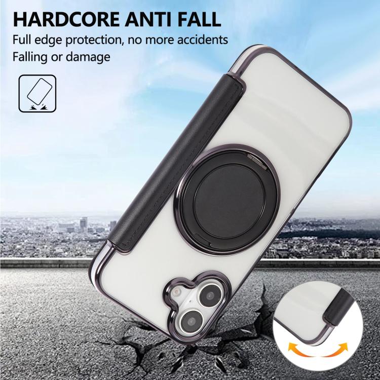 For iPhone 16 Ultra-thin Rotation Holder Magnetic Plating Vegan Leather Phone Case