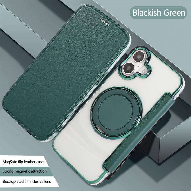For iPhone 16 Ultra-thin Rotation Holder Magnetic Plating Vegan Leather Phone Case