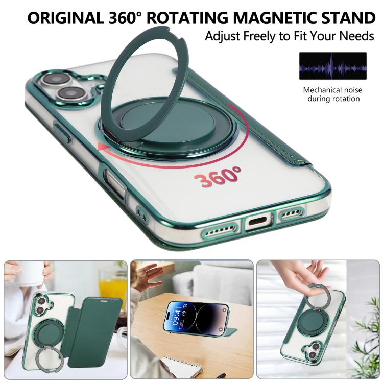 For iPhone 16 Ultra-thin Rotation Holder Magnetic Plating Vegan Leather Phone Case